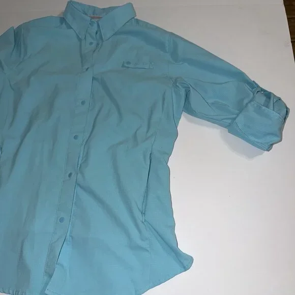Columbia Shirt Women Small Blue Button Up Fish Angler Vented Long Sleeve PFG - Picture 6 of 12
